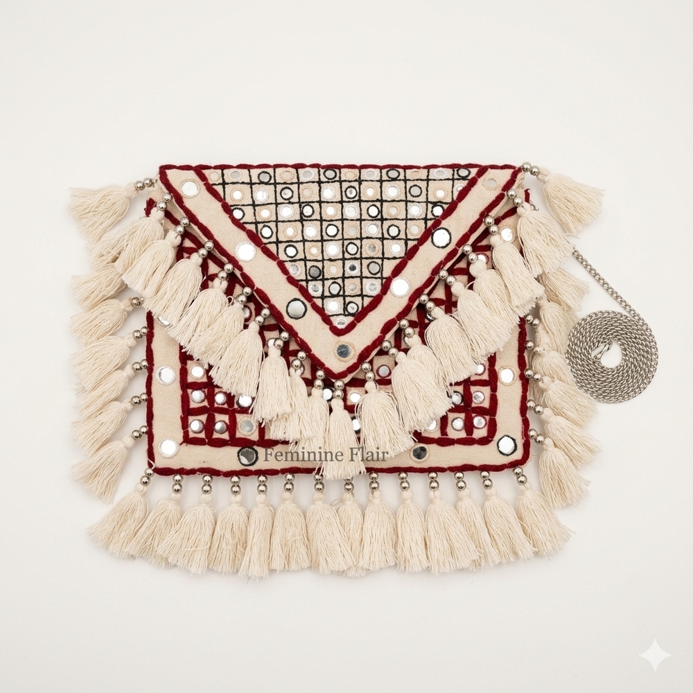 New boutique Handmade Cream Crossbody Bag Foil Mirror Work Boho Bag